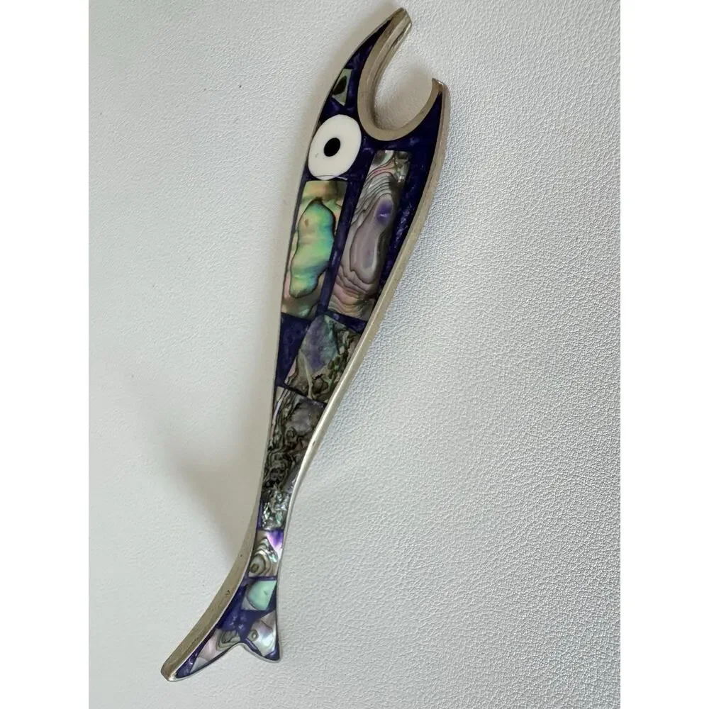 Vintage Abalone Fish Bottle Opener Alpaca Silver Frame Mid Century Modern MCM